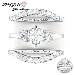 3 in 1 Ring for Women, Synthetic Moissanite Stackable Ring Set with Hidden “I Love You” Engraving Inside, Promise Engagement Wedding Band Gift for Her