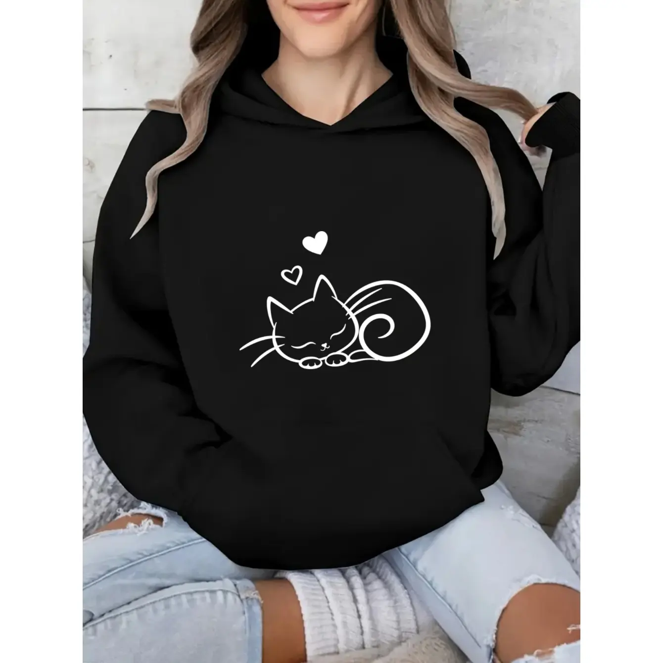 Women's Cat Print Graphic Hoodie, Comfortable Cotton Blend Pullover, Casual Relaxed Fit Apparel with Durable Print, Tops, Fabric, Long Sleeve, Style, Sweatshirts, Loose, Breathable