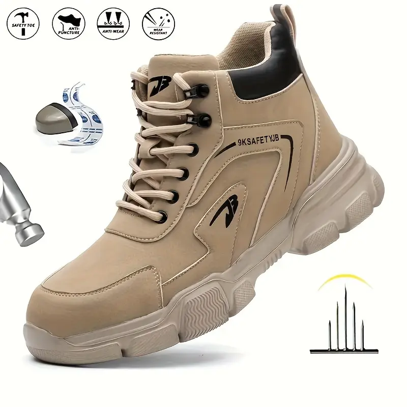 Unisex Casual Safety Shoes, Khaki Fabric Work Footwear with Steel Toe, Anti-Puncture EVA Sole and Elastic Band Closure for Injury Prevention, Work & Safety Footwear, Walking Shoes, Fathers Day, Casual Wear, Fabric Upper, Labor Safety
