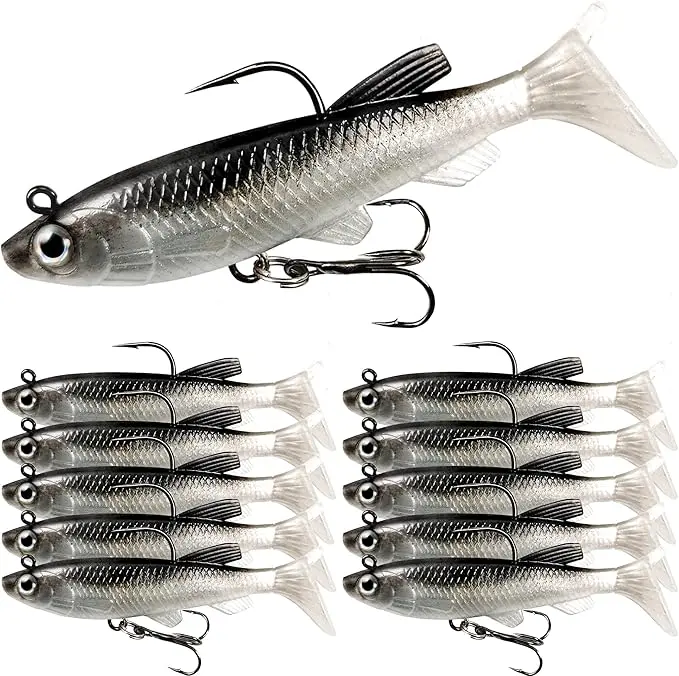 Soft Plastic Fishing Lures Kit - Pre-Rigged Shad Minnow Paddle Tail Swimbaits with Jig Heads, Sinking Bait for Bass/Trout, Saltwater/Freshwater Fishing, Festive Gift for Men (Father's Day), Soft Plastic Lures