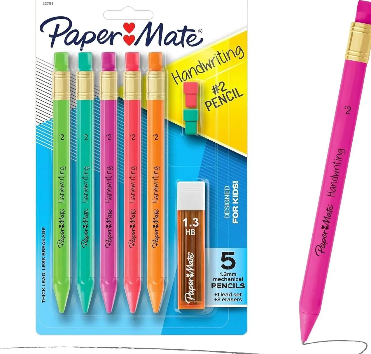 Paper Mate Handwriting Triangular Mechanical Pencils with Lead & Eraser Refills, 1.3mm, Fun Barrel Colors, 5 Count - School Supplies, Kids Writing