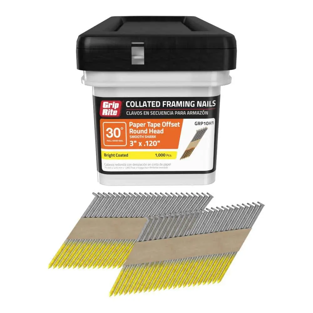 3 in. x 0.120 in. 30° Paper Collated Bright Coated Smooth Shank Round Head Framing Nails 1000 per Box