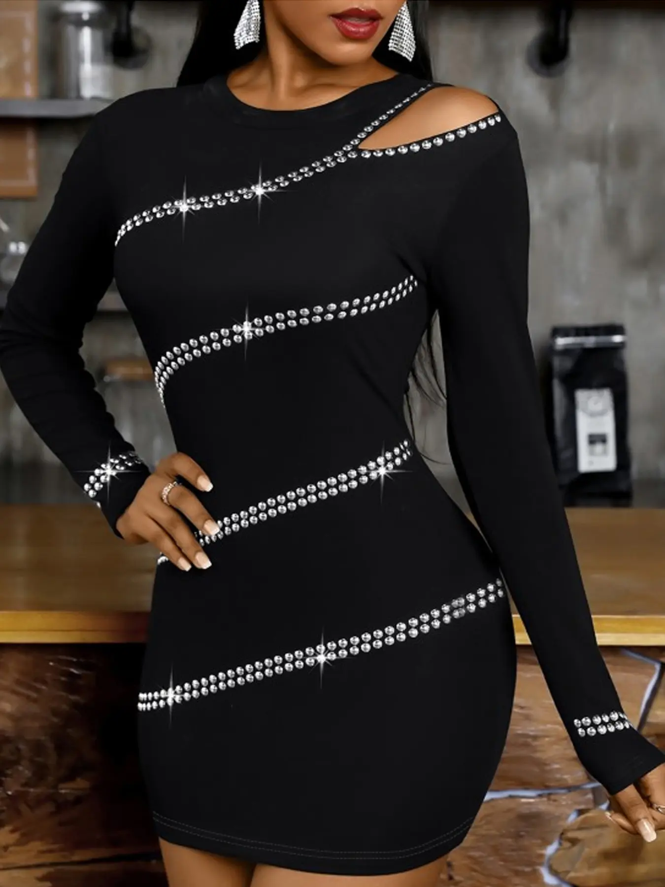 Women's Shoulderless Diamond Embellished Long Sleeve Dress, Casual Elegant Chic Evening Gown, Slim-Fitting Plain Design, Perfect for Parties, Womenswear, Formal Elegant Dress, Evening Party Dresses