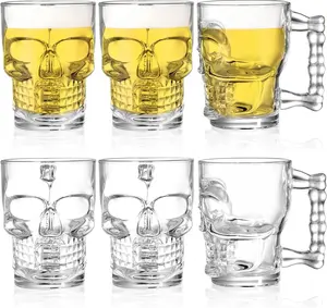 6 Pack 17 Oz Skull Glass  Mug with Handle, Father's Day  Heavy Base Drinking Tiki Glasses, Clear Funny  Stein Cup for , , Juice, Bar, Halloween Decorations Gifts