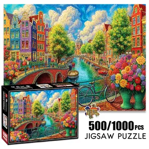 1pc 1000 piece adult puzzle 70x50cm Canal, Colorful Buildings, Flowers and Bicycle Scene500 pieces paper jigsaw puzzle suitable for DIY creative games for adults and families, birthday and holiday s