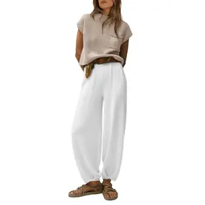 PrettyGarden Women's Knit Matching Tracksuit Cap Sleeve Pullover Tops And High Waist Jogger Pants  Casual Sweatsuit Set