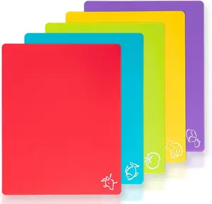 5 Pieces Flexible Plastic Cutting Board Mats with Food Icons BPA Free Cutting Boards for Kitchen Non Slip Cutting Mat for Meat and Vegetables Red Bright Yellow Light Green Purple Lake Blue