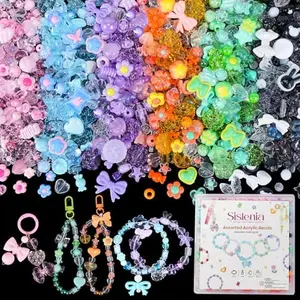 Sistenia 480Pcs Assorted Beads Bracelet Making Kit with String, 6 Colors Cute Stuff Acrylic Charms for Jewelry Making Crafts Kawaii Bow Star Flower Shaped Bead for DIY Keychain Bag Lipgloss Charms