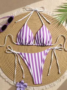 Plaid Stripe Two-Piece Bikini Swimsuit Set, High-Cut Design, Comfortable and Durable, Perfect for Beach and Pool