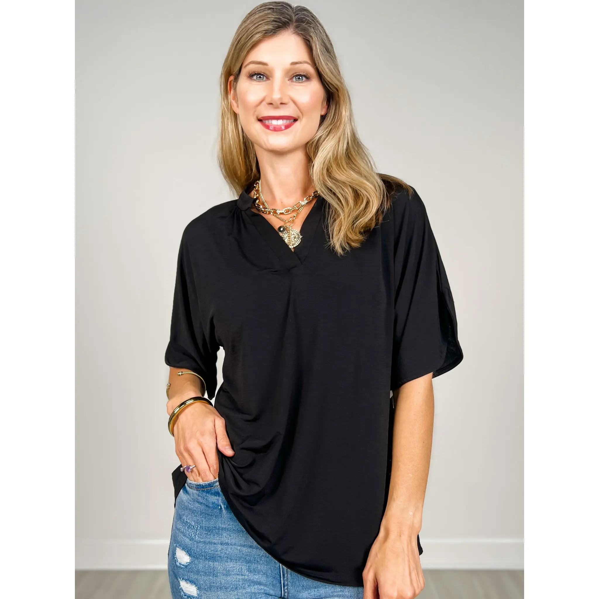 Flared Sleeve Lizzy Breeze Top with Mandarin Collar in Black