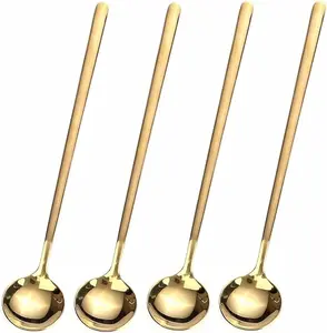 Set of 4 long 6.7in stir spoons with extended handles, gold stainless steel finish, ideal for coffee, tea, iced drinks or espresso, sleek and durable design