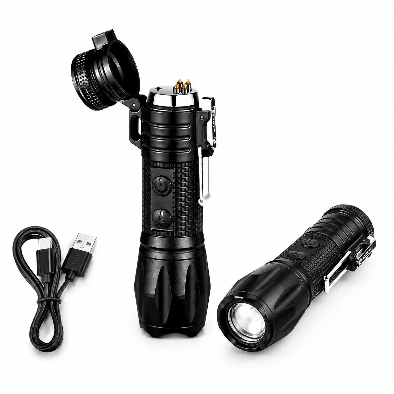 Plasma Windproof Arc Lighter & LED Flashlight — 2-in-1 (Black) / Ideal for Camping & Hiking / Recommended Gift for Boyfriends or Fathers. power outage emergency Rechargeable High-Lumen