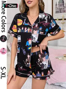 2-piece Women's Set: Black Base with Stranger Things Cartoon Character Print, Short Sleeve Shorts, Soft Comfort Top with Small Pocket and Stand-up Collar, Elastic Waistband, Home Daily Casual Women's Sleepwear Pajama Set