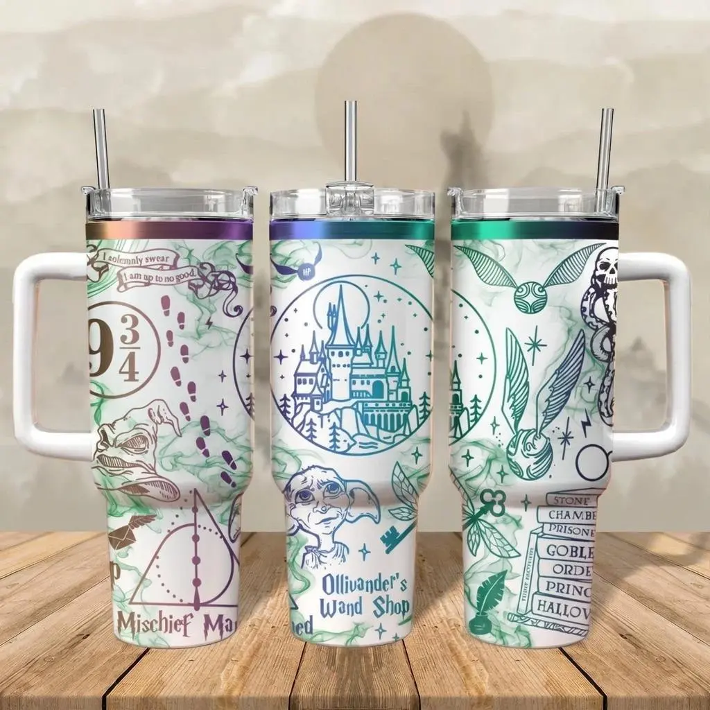 Wizard School 40oz Tumbler With Handle, Magic Castle Inspired Stainless Steel Travel Mug, Wizard Train Platform Spellbook Wand Shop Insulated Cup With Straw Lid, Double Sided Vacuum Tumbler, Fantasy Wizard Fan Gift