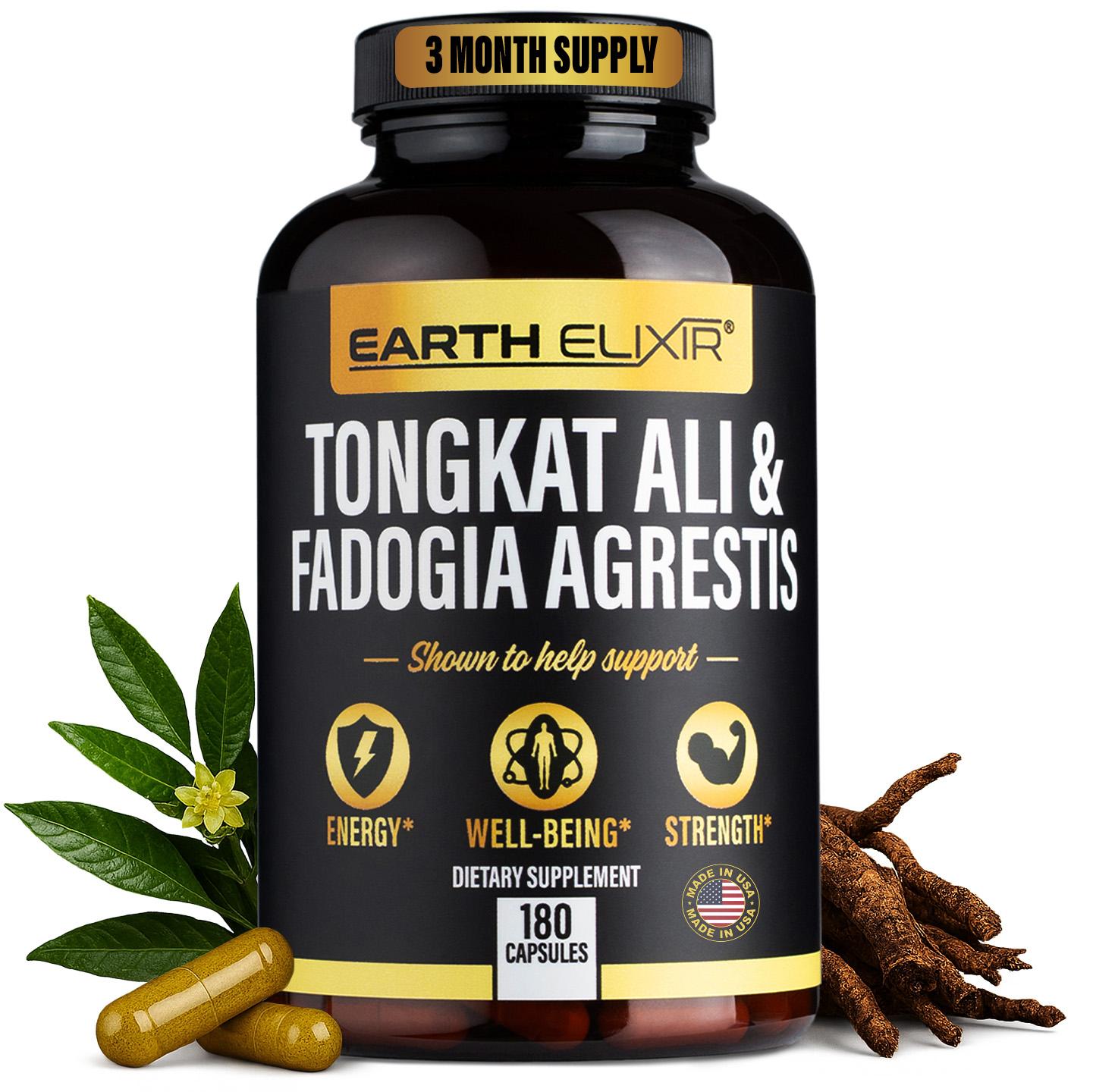 Earth Elixir Tongkat Ali & Fadogia Agrestis Dietary Supplement - Supports Energy, Well-Being, and Strength - 180 Capsules