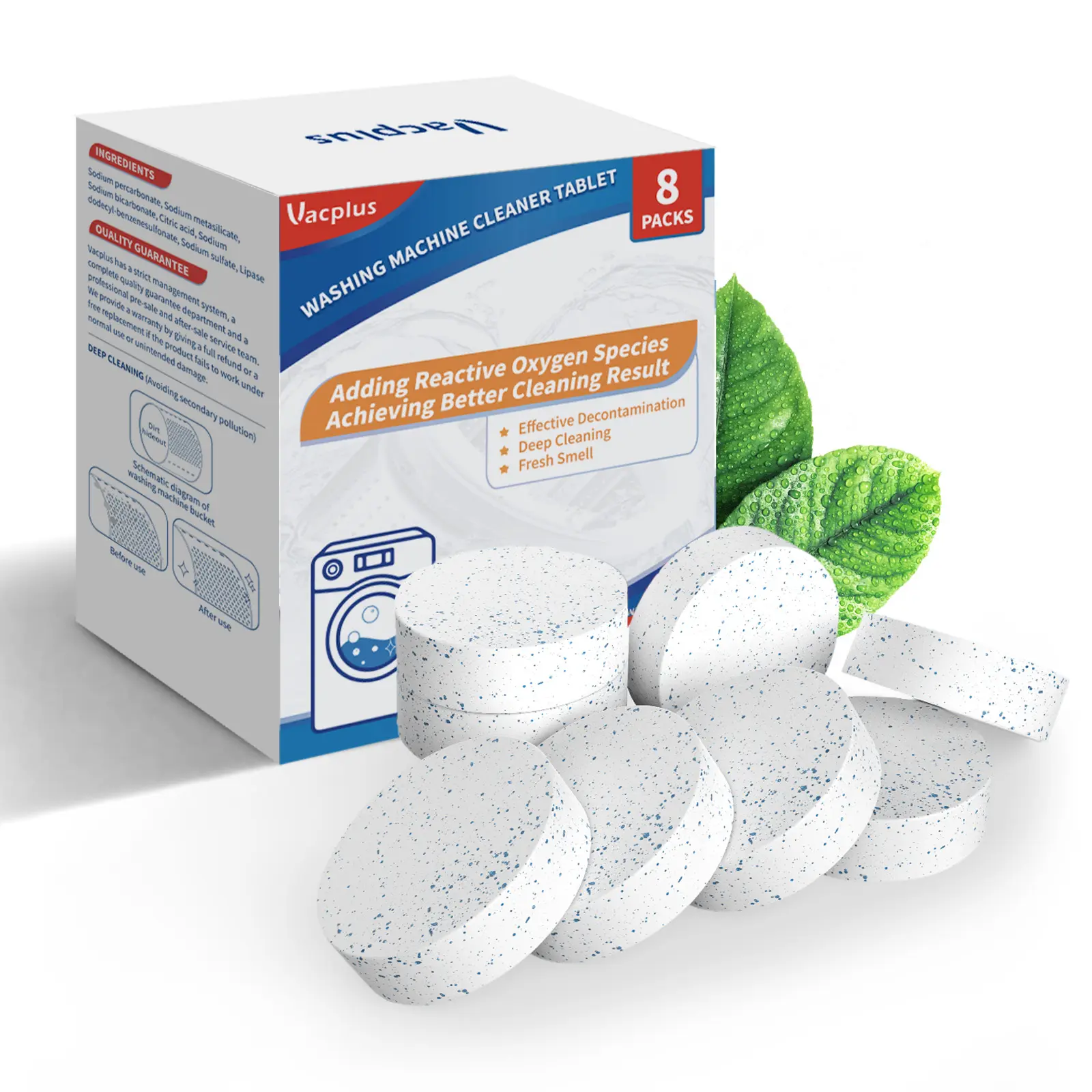 Vacplus Washing Machine Cleaner Tablets 8-Count Deep Cleaning Effervescent Wash Tub Cleaner Eco-Friendly Descaler for Front and Top Load Washer
