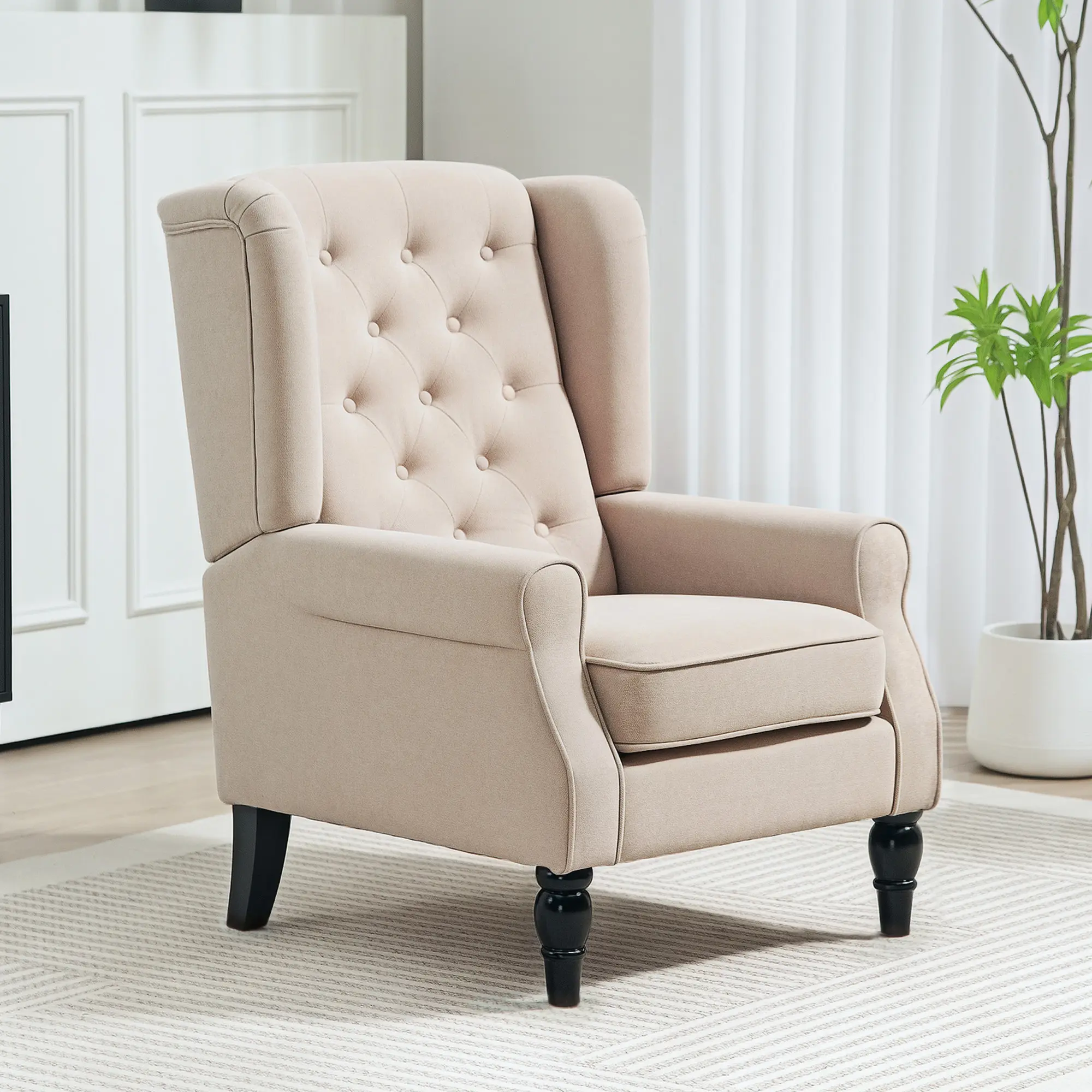 Beige Wingback Accent Chair - Classic Button-Tufted Upholstered Lounge Chair with Round Armrests, Carved Wood Legs - Ideal for Living Room, Bedroom Corners, Vintage Decor