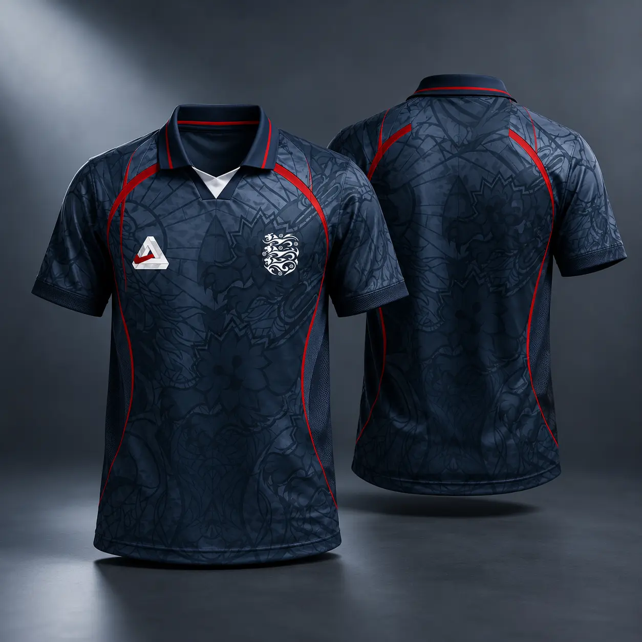 Vintage England-Inspired Navy Short-Sleeve Soccer Jersey - Retro Collared Football Fan Top with Red Trim, Comfortable Tonal Graphic, All-Over Tonal Graphic, Lightweight Casual Streetwear Travel Outfit