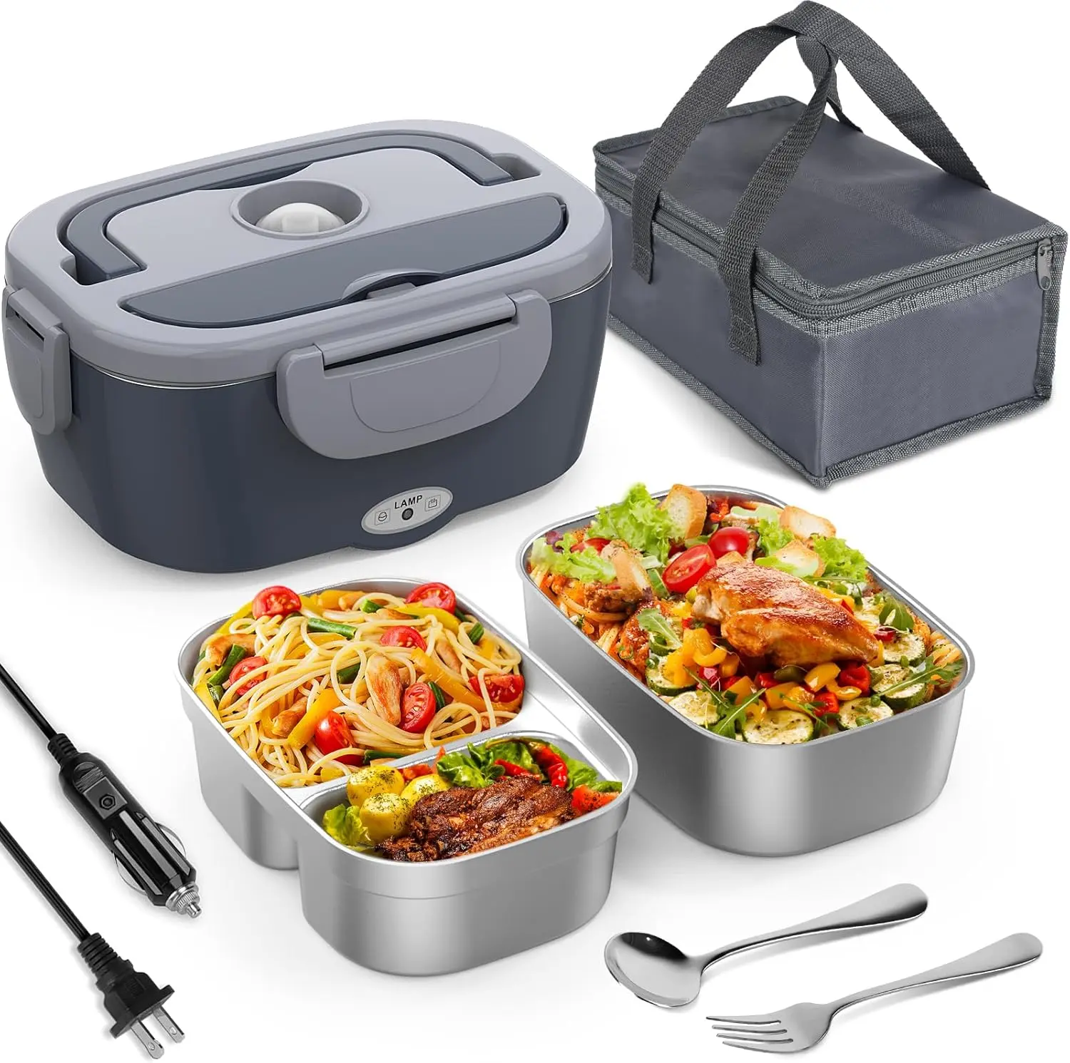 Electric Lunch Box for Adults, 80W Heated Lunchbox with 2 SS Containers &  Tableware, 1.5L Portable Food Warmer for Work/Car/Truck Eternal Gray