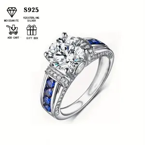 925 Silver Gold Plated Elegant 2 Carat Moissanite Engagement Ring, Blue Side Stone, Bohemian Royal Style, Suitable for Daily Wear and Holiday Celebrations, Mardi Gras Gift, Hypoallergenic, Comes with Certificate and Gift Box