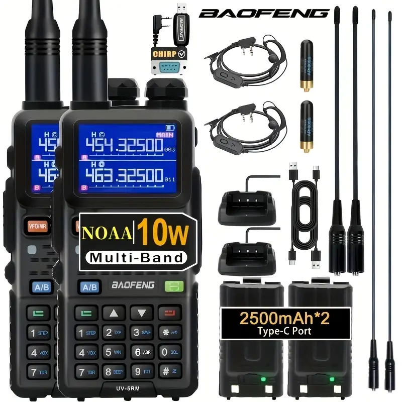 BAOFENG 5RM 10W Multi-Band Radio, Ham Radio Long Rang UV-5RM Handheld Radio for Walkie Talkie Enthusiasts, Portable Two-Way Radio with Air Duct Earpiece, USB-C Charging Cable, 2500mAh Battery（2 Pack）