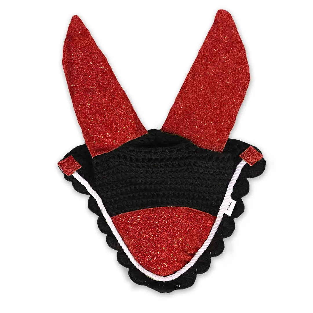 Scarlet Red Fly Hat | Red Sparkle Patch Horse Bonnet | Breathable, Knitted, Base Elastane Ears | Equestroom