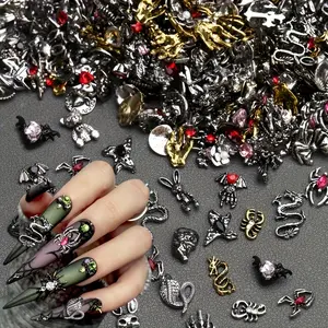 50pcs 3D Alloy Luxury Nail Art Decorations, DIY Manicure Supplies, Skull Hand Spider Bone Rabbit Cross Water Drill Designs, Sparkly Rhinestone, Diy Nails Art