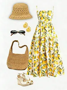 Women's Casual Lemon Print Sleeveless Vacation Dress, Elegant All-Over Print, Unlined Plain Surface, Lightweight & Comfortable