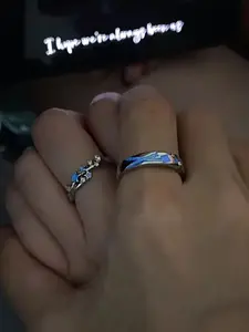 Blue Glow Couple Rings, Promise Ring, Meteor Shower Theme, Perfect for Anniversaries, Christmas, Valentine's Day, Wedding Gifts, Stainless Steel