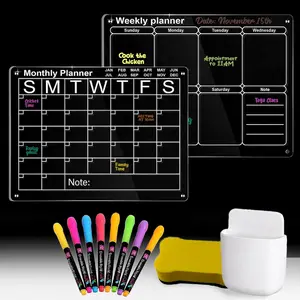 TrendVa Acrylic Magnetic Calendar for Fridge 16x12 Dry Erase Board with 8 Color Markers, Magnetic Holder & Eraser - Weekly, Monthly, or Combo Planner Set