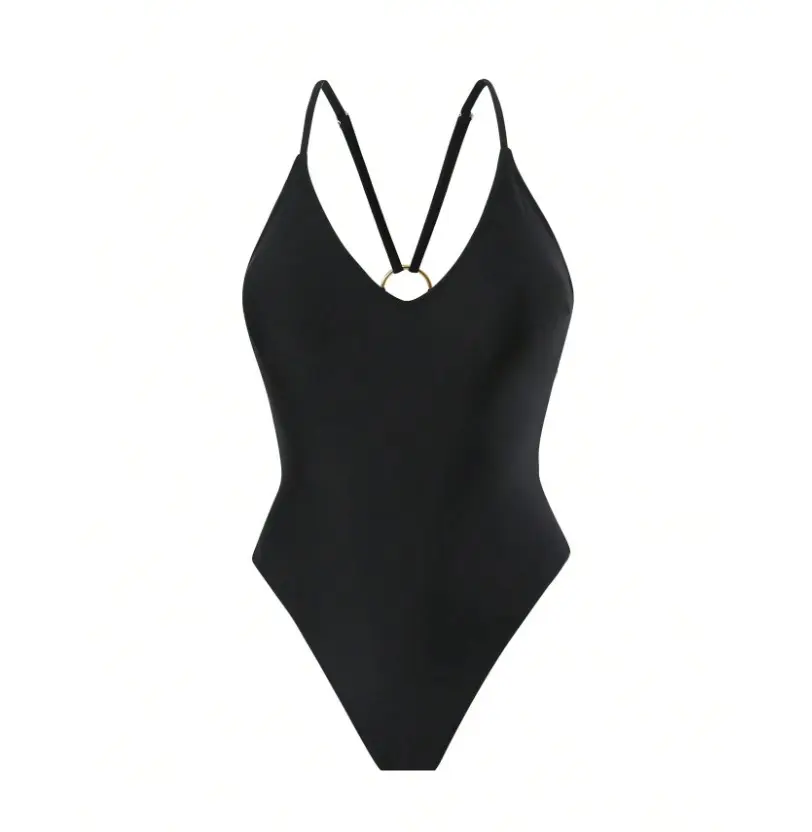 Swim SXY One-Piece Swimsuit, Deep V-Neck, Spaghetti Straps, Backless, Hollow-Out, Thong Bottom, Suitable For Beach & Summer