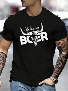 Men's Round Neck T-Shirt, Afrikaner Boer Cow Skull Print, Western Heritage Style, Soft Cotton Fabric, Casual Daily Wear & Street Fashion, Streetwear