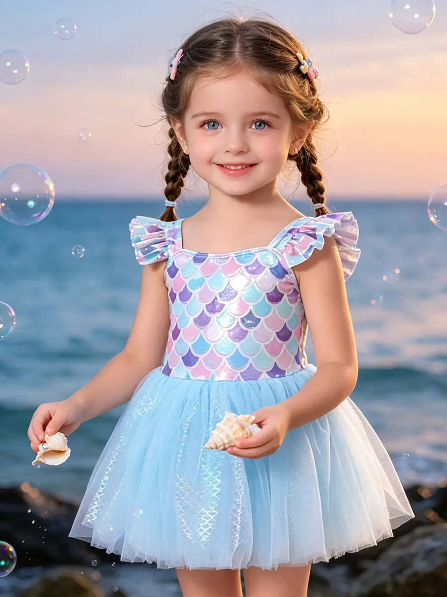 Girls' Cute Mermaid 1-Piece Tutu Swimsuit, Slim-Fitting Fish Scale Print Elastane Knit, with Ruffle Straps & Free Swim Cap for Ages 3-12, Beach/Pool