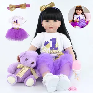 22" Realistic Newborn Baby Girl Doll with Long Black Hair Soft Vinyl Body Lifelike Features Expressive Details Includes Baby Bottle Birth Certificate Perfect Christmas Gift for Kids Ages 3-6