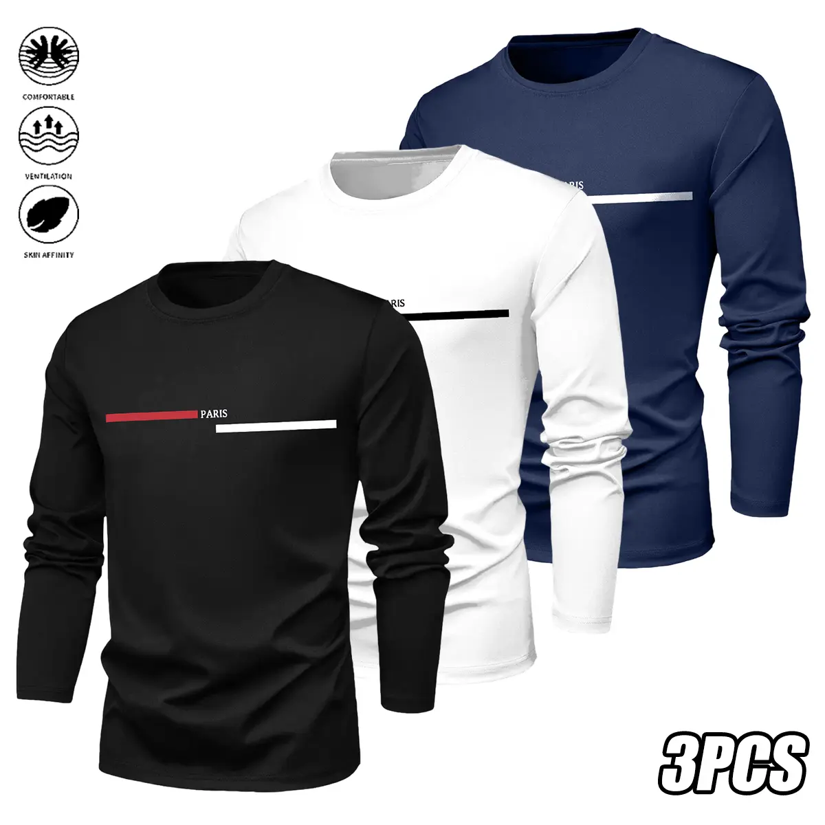 JOGWAVE 3PCS Men’s Long Sleeve T-Shirt | Breathable polyester fabric, Paris print design, regular fit suitable for all seasons, crew neck, lightweight material, moisture-wicking