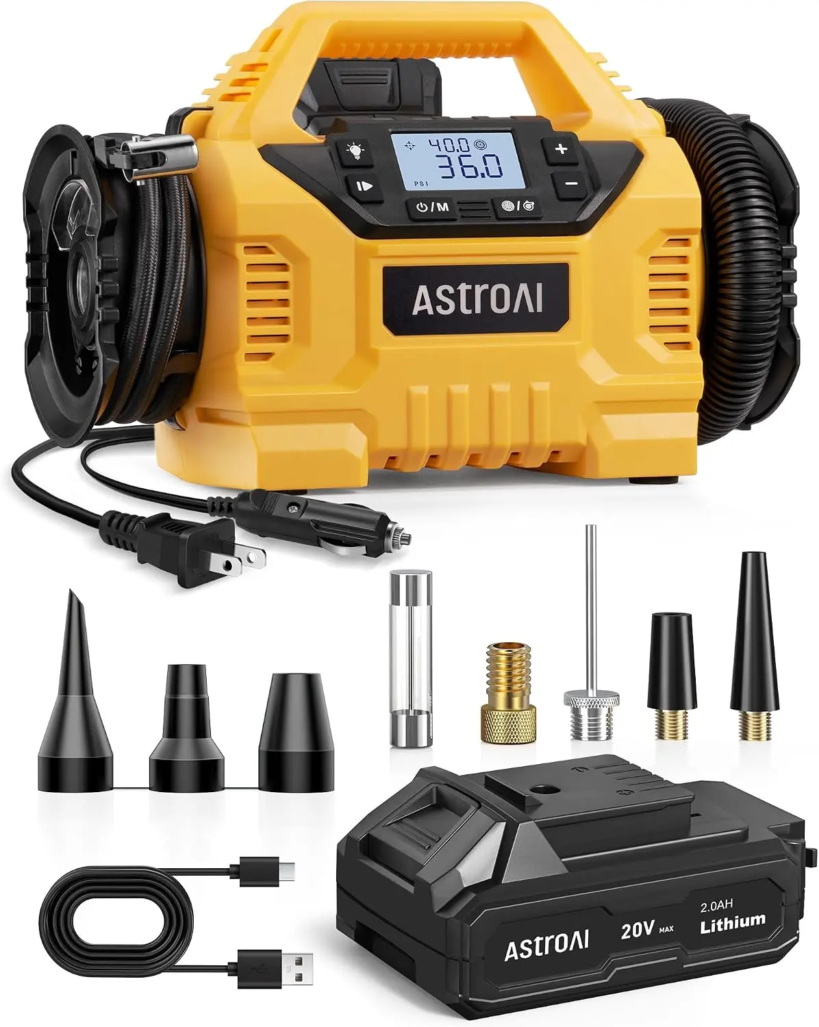 AstroAI MC3 Model Vehicle Tire Inflator Portable Air Compressor - 3 Power Sources (Cordless/110V AC/12V DC), 160 PSI Max Quick Fill Dual Motors, Auto Shut-Off, Inflator/Deflator with Accessories Set