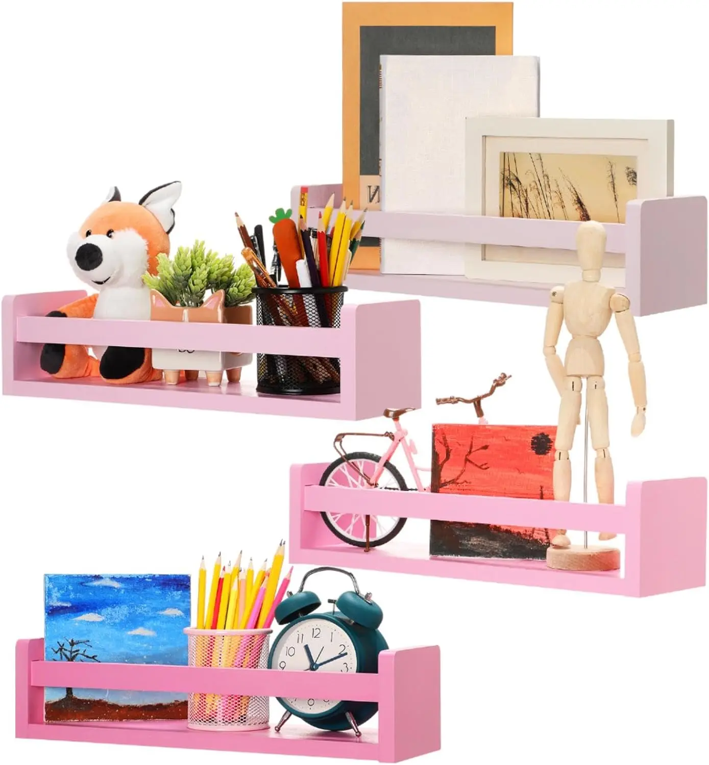 4-Piece Wooden Floating Nursery Book Shelves, Easy Mount Wall Organizer with Gradient Pink Finish (23.6 in) – Bathroom Storage Rack, Home Decor Gift Idea, Four Pieces