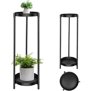 Stand Indoor Outdoor, 2 Tier 24" Tall Black Flower Pot  Stands, Heavy Duty Metal  Shelf, Rustproof Iron Multiple  Round Supports Rack for Planter Corners Garden Balcony Patios
