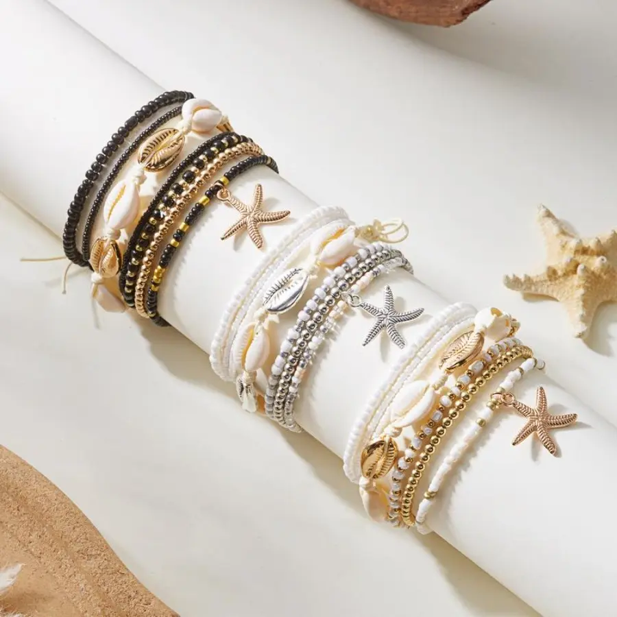 Women's Boho Starfish Shell Adjustable Layered Anklet Set - Summer Beach Seed Bead Stretch Cute Aesthetic Assorted Bead Style Foot Jewelry for Vacation, Beach Party, Adjustable Anklet, Cute Anklets
