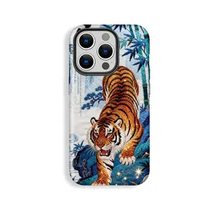 Vibrant Tiger Downhill Embroidery Polycarbonate Smartphone Cover - Rugged Shockproof Double-Shell Anti-Drop Camera Protector, Durable Phone Accessory for iPhone 11/12/13/14/15/16/17 Pro Max Plus Air, Gift for Him