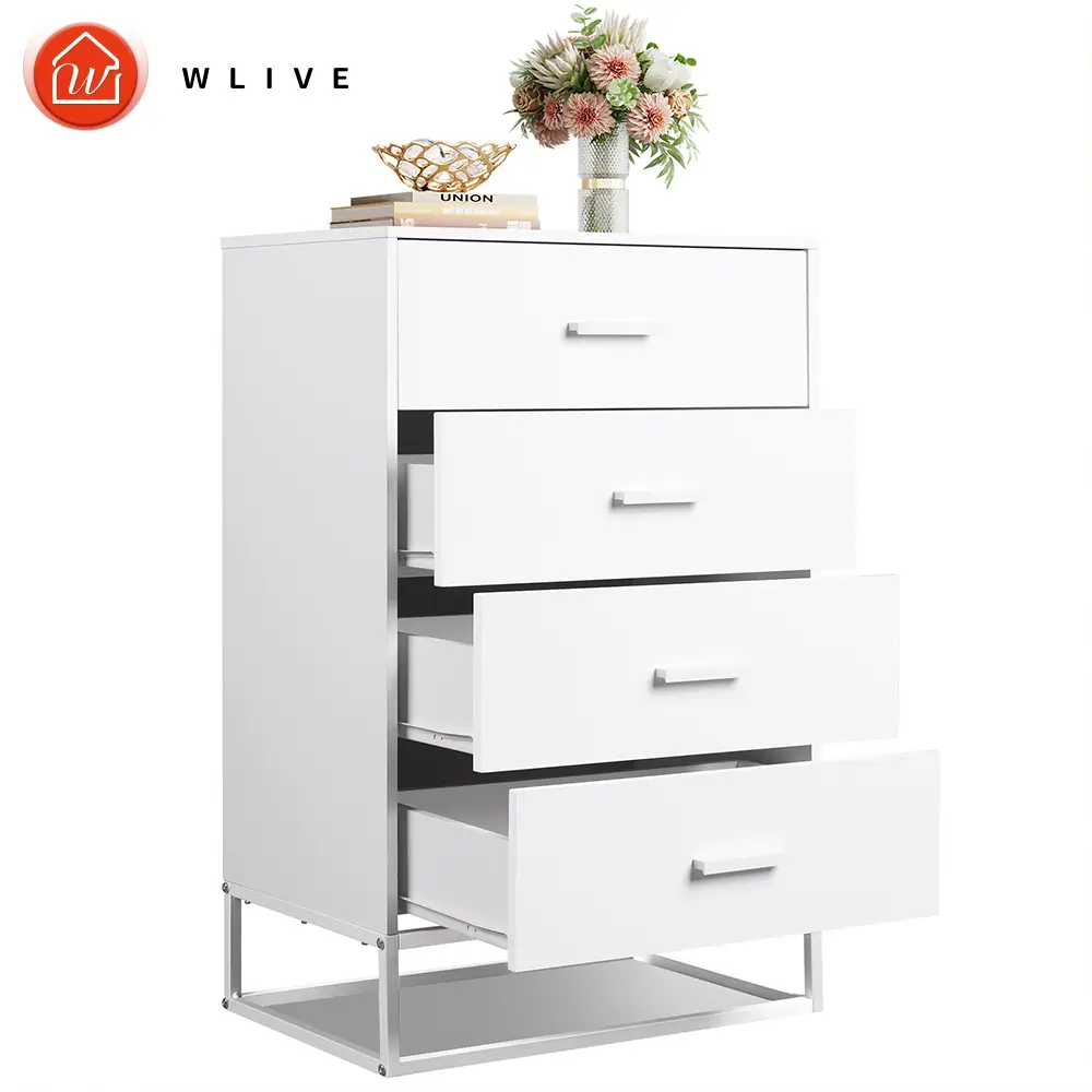 WLIVE Wood Dresser for Bedroom with 4 Drawers, Nightstand, Chest of Drawers, Tall Dresser Drawers with Sturdy Metal Frame for Hallway, Living Room