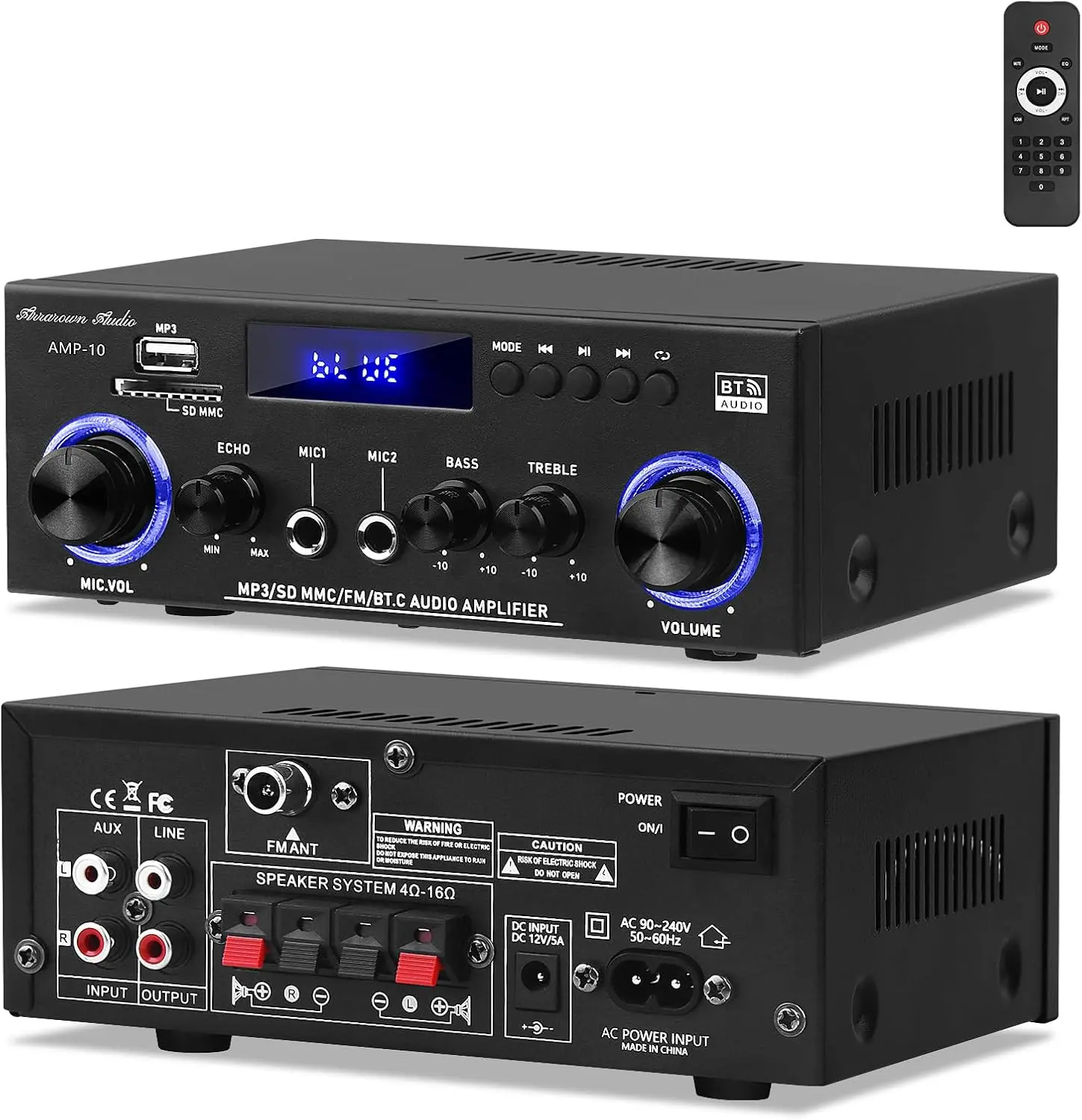 Amp10 Amplifier Home Audio,400W Power Amplifier 2 Channel Stereo Receiver with Bluetooth 5.0,Active Subwoofer Output, FM Radio, USB/SD/AUX, MIC, Remote Control for Home Theater