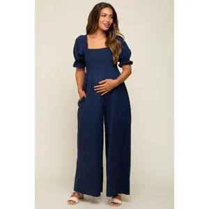 Navy Smocked Square Neck Wide Leg Maternity Jumpsuit