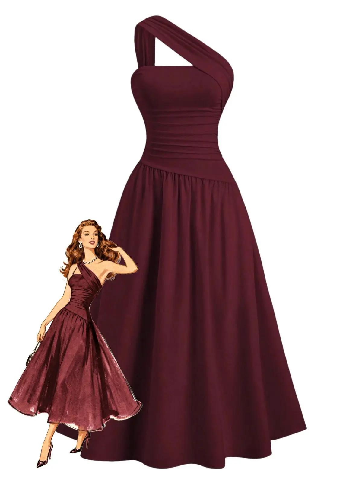 1930s Solid Surplice One-Shoulder Waist Ruched Dress prom red girlsummer dresses vacation outfits Elegant Formal Style Womenswear