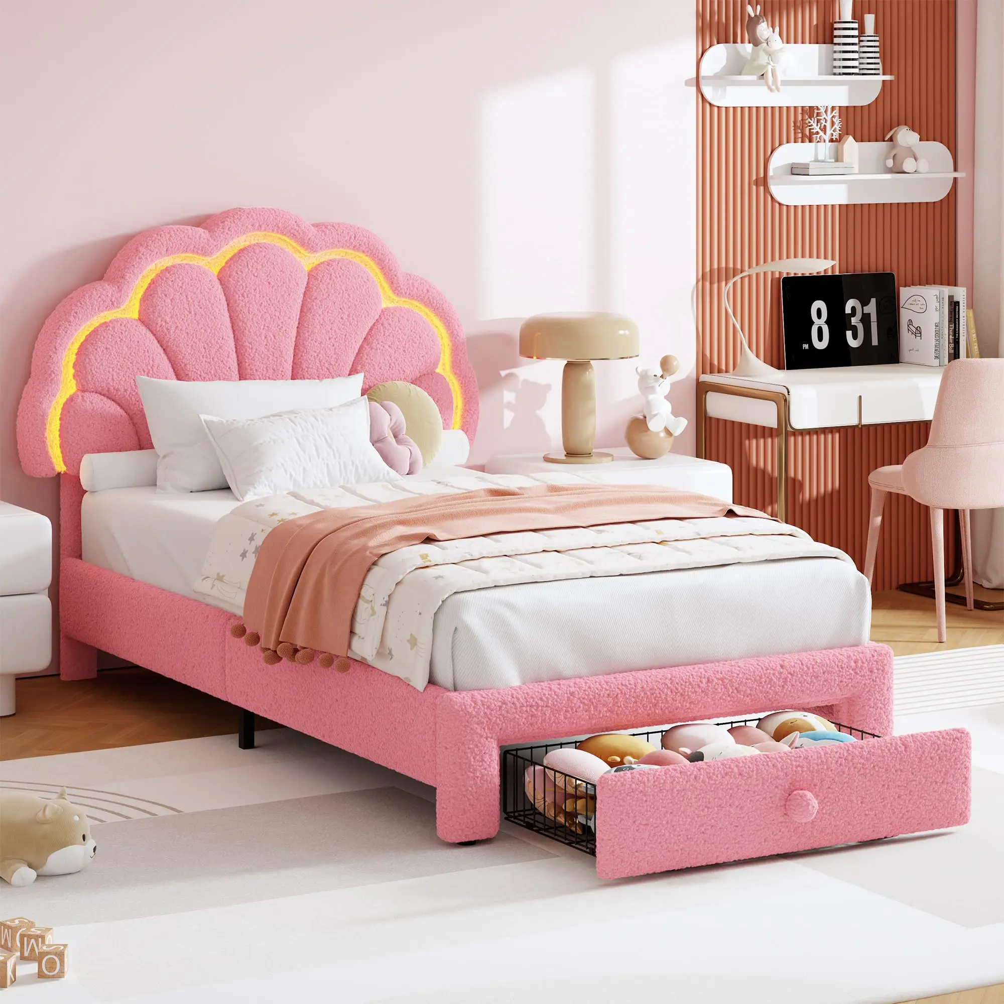 LED Kids Bed Frame with Storage Drawer | Twin/Full Size Upholstered Princess Platform Bed with Adjustable Headboard, Wood Support, No Box Spring Needed,dorm essentials,home decor