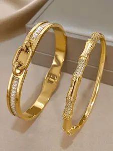 Luxury Stainless Steel & Copper Durable Material Stackable Bracelets Set of Two, Zircon Inlay Jewelry Gift for Women, Mom, Teacher, Party Accessories, High Quality Bracelet, Fashionable Bracelet, Elegant Jewelry Bracelet