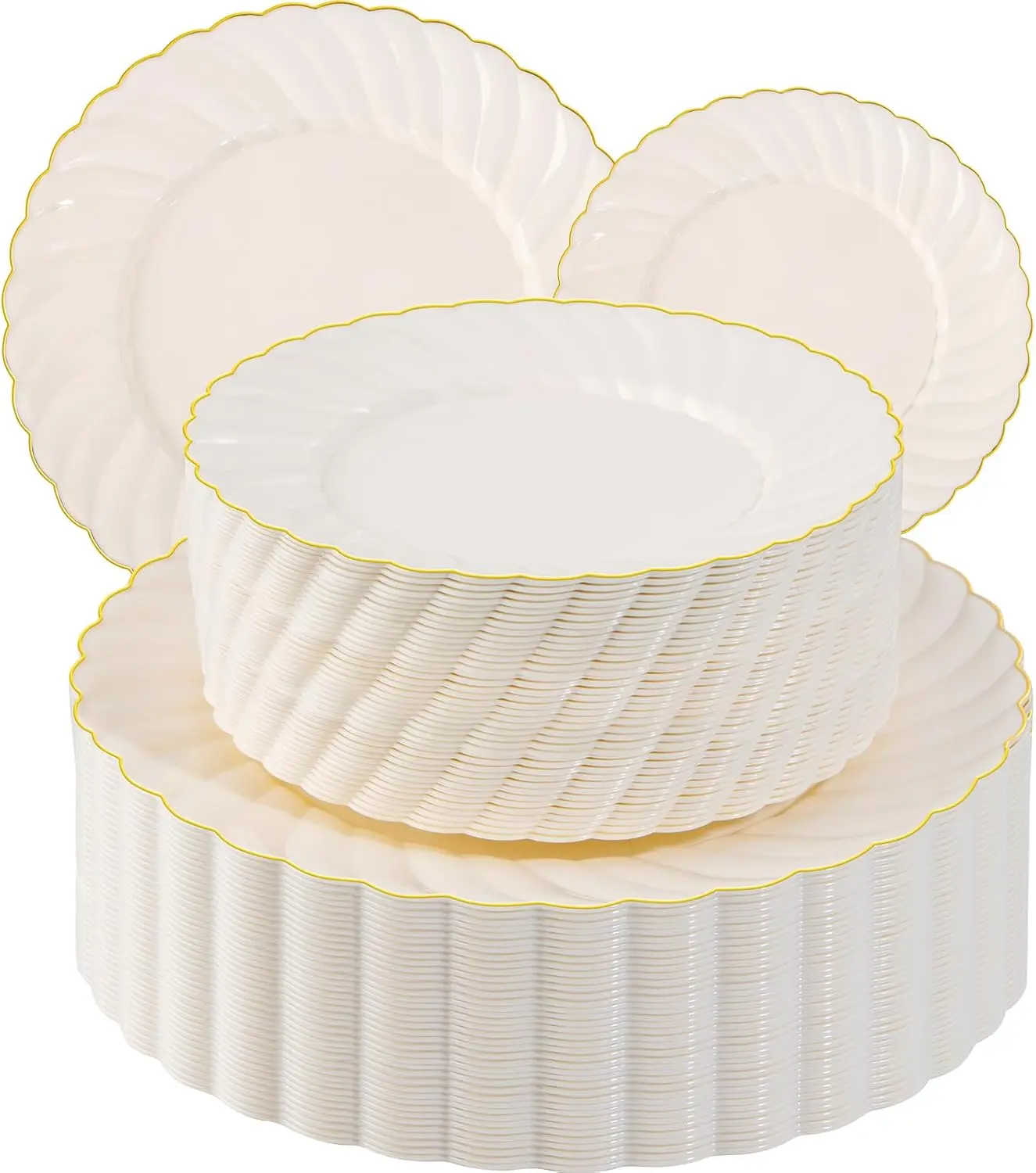 100 Piece Ivory Scalloped Plastic Plates for Party with Gold Rim - Plastic Party Plates Disposable Heavy Duty - High End Disposable Plates Include 50pcs Dinner Plates 9"&50pcs Dessert Plates 6.5"