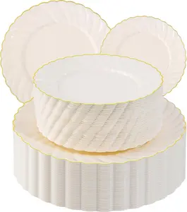 100 Piece Ivory Scalloped Plastic Plates for Party with Gold Rim - Plastic Party Plates Disposable Heavy Duty - High End Disposable Plates Include 50pcs Dinner Plates 9"&50pcs Dessert Plates 6.5"