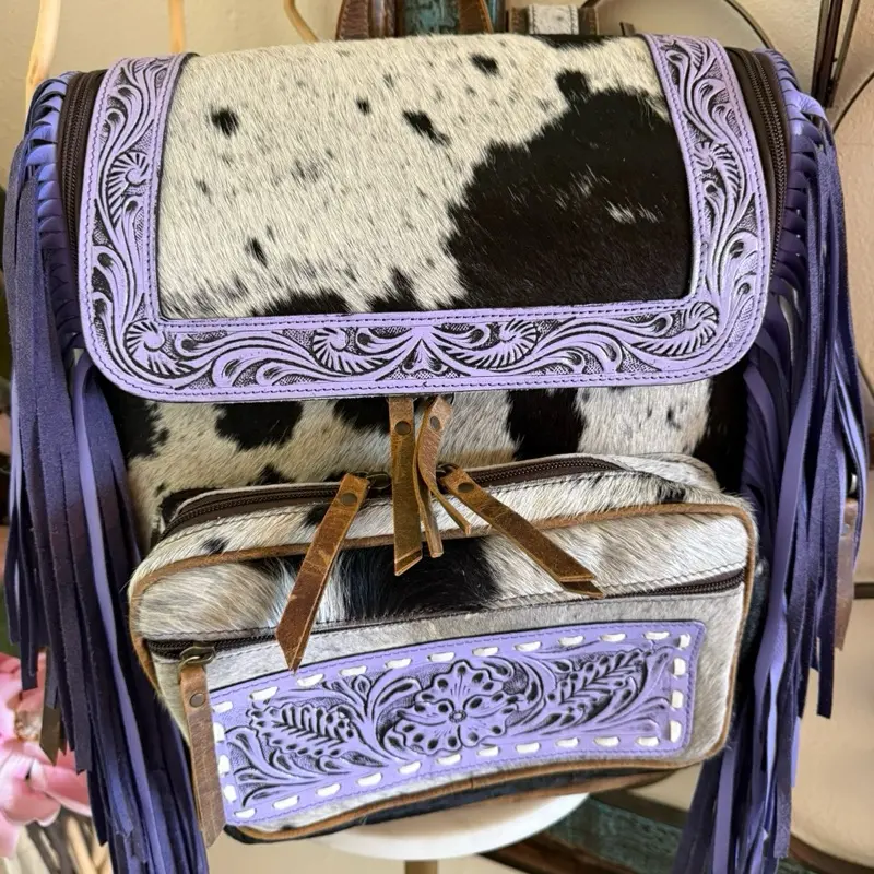 Purple Western Rodeo Backpack, Tooled Leather & Cowhide Construction with Fringe Detail