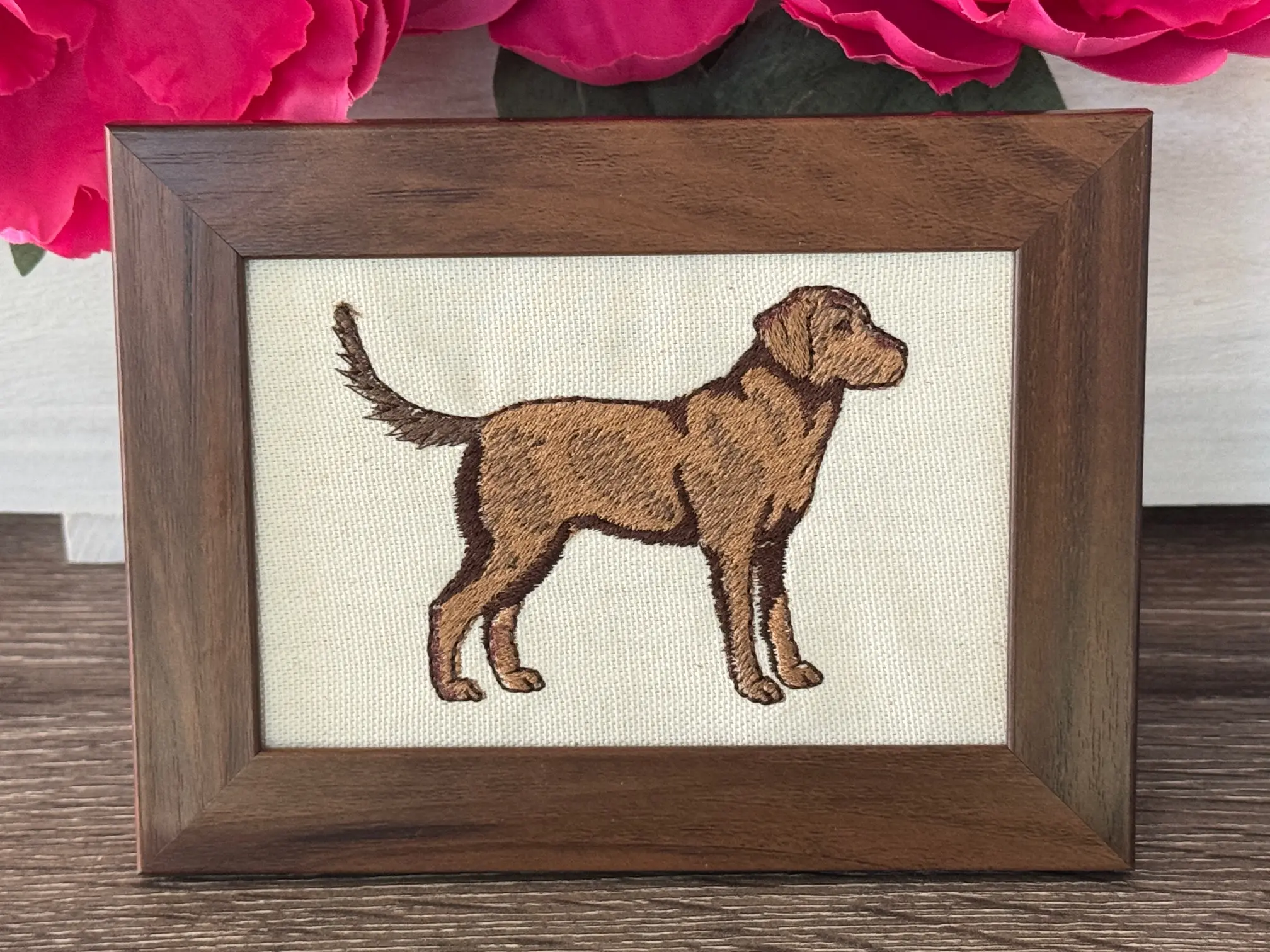 Chocolate Labrador Retriever Embroidered Framed Plaque - Machine Embroidery Design Tabletop Home-Office Decor Sign, Other Canine Breeds & Designs Available